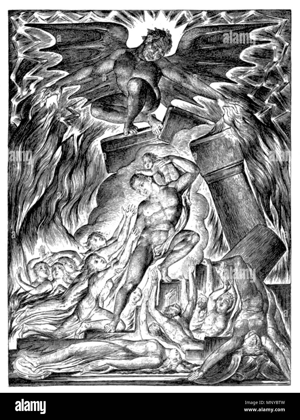 . An illustration extracted from page 67 of William Blake, painter and poet by Richard Garnett Publisher: London, Seeley. The work is captioned as The Destruction of Job's Sons and Daughters. From the 'Book of Job.' By W. Blake . published 1895.   William Blake  (1757–1827)       Alternative names W. Blake; Uil'iam Bleik  Description British painter, poet,, writer, theologian, collector and engraver  Date of birth/death 28 November 1757 12 August 1827  Location of birth/death Broadwick Street Charing Cross  Work location London  Authority control  : Q41513 VIAF: 54144439 ISNI: 0000 0001 2096 1 Stock Photo