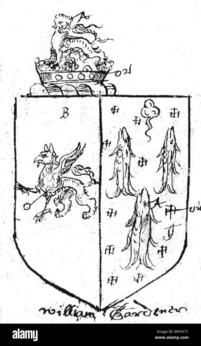 . drawing of William Gardiner's coat of arms . circa 1590. unknown Elizabethan era artist 1265 William Gardiner coat of arms Stock Photo