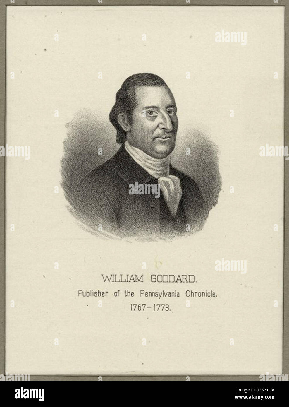 . English: Drawing of William Goddard, Philadelphia colonial printer . 1765. Unknown 1265 William Goddard2 Stock Photo