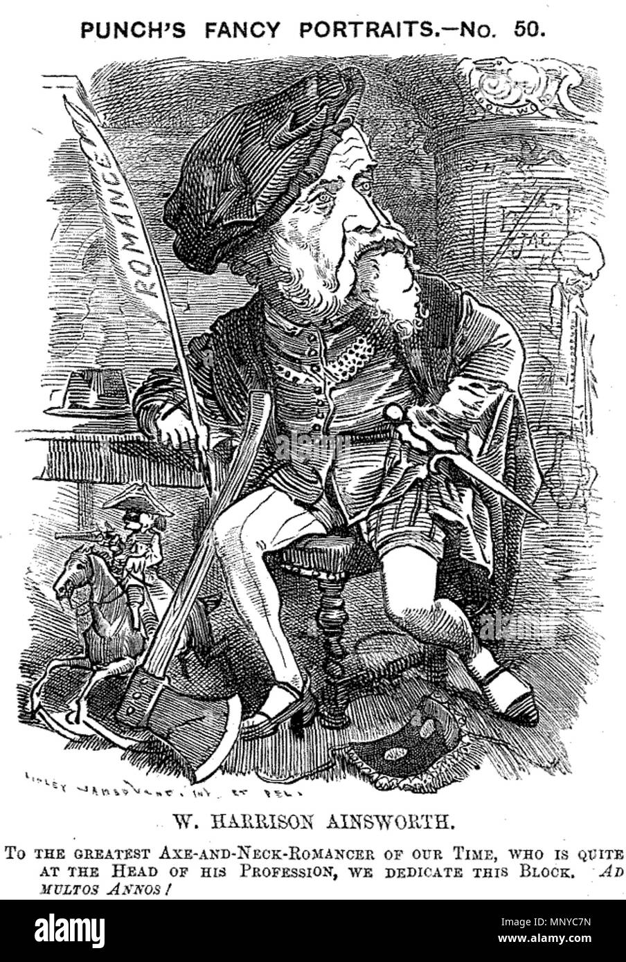 . Caricature of William Harrison Ainsworth (1805 - 1882) . 24 September 1881. Edward Linley Sambourne (1844–1910) 1265 William Harrison Ainsworth caricature Stock Photo