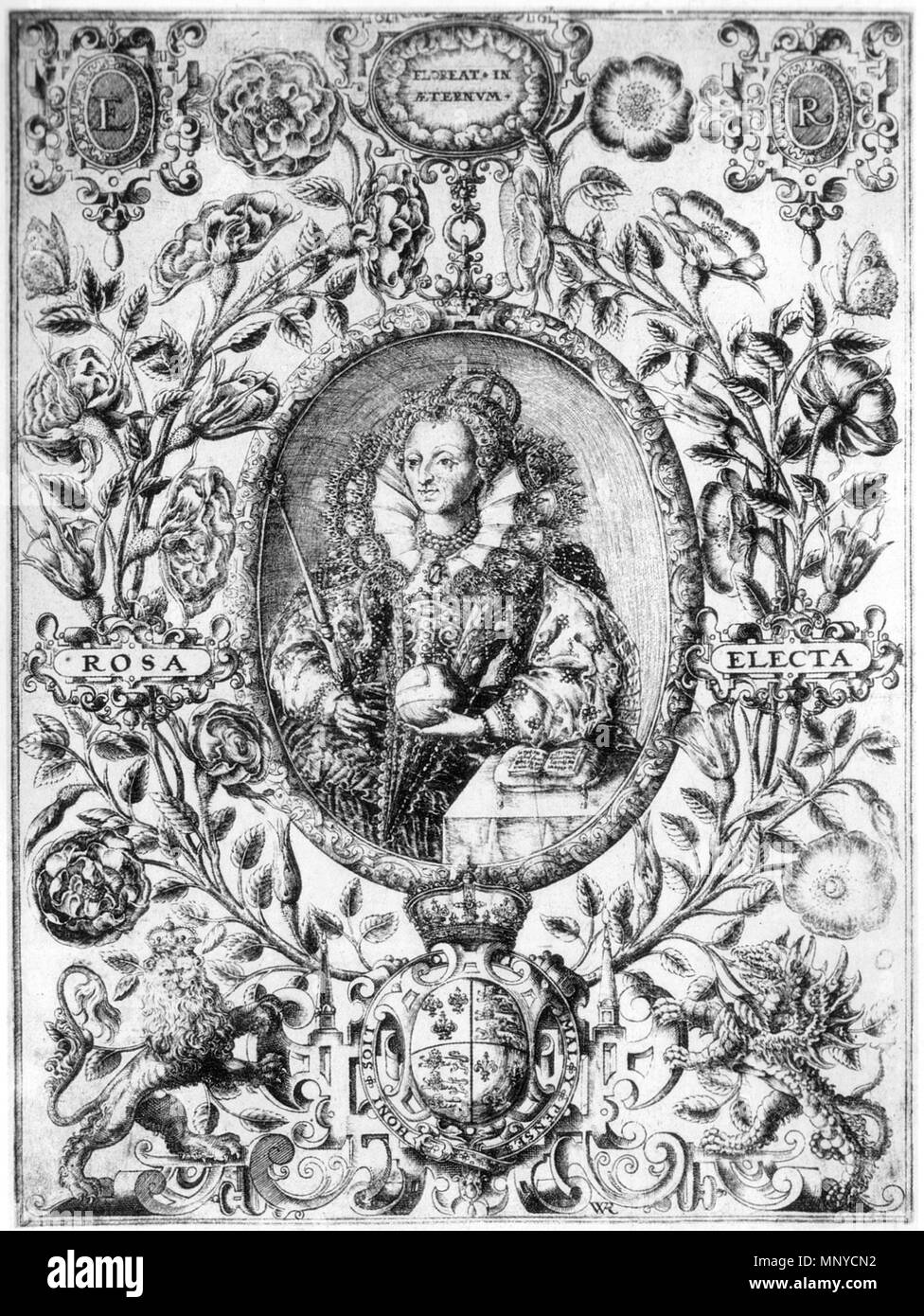 . Elizabeth I of England as Rosa Electa flanked by the Tudor Rose (left) and eglantine (her device) . between 1590 and 1595.   William Rogers  (1545–1604)    Alternative names William i Rogers  Description British engraver  Date of birth/death circa 1545 circa 1604  Work period between circa 1589 and circa 1604  Work location London  Authority control  : Q2580395 VIAF: 36779094 ISNI: 0000 0000 4888 3843 ULAN: 500027008 LCCN: nr92010537 SUDOC: 15531100X WorldCat    Engraving by William Rogers, probably after Isaac Oliver 1267 William Rogers Elizabeth I Rosa Electa Stock Photo