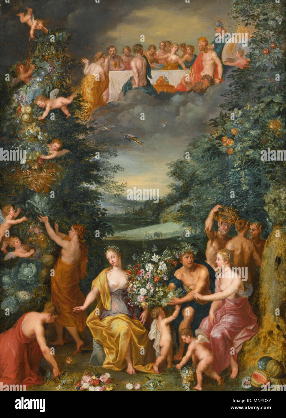 Homage to the Goddess Flora with a Feast of the Gods    .    Workshop of Jan Brueghel the Younger  (1601–1678)    Alternative names Jan Bruegel (II), Jan Brueghel (II), Jan Brueghel the Younger  Description Flemish painter and draughtsman  Date of birth/death 13 September 1601 (baptised) 1 September 1678  Location of birth/death Antwerp Antwerp  Work location Italy (1622-August 1625), Antwerp (1625-1678)  Authority control  : Q285933 VIAF: 42046414 ISNI: 0000 0000 8376 3302 ULAN: 500013747 LCCN: n85095027 WGA: BRUEGHEL, Jan the Younger WorldCat    and   Workshop of Hendrick van Balen  (1575–16 Stock Photo