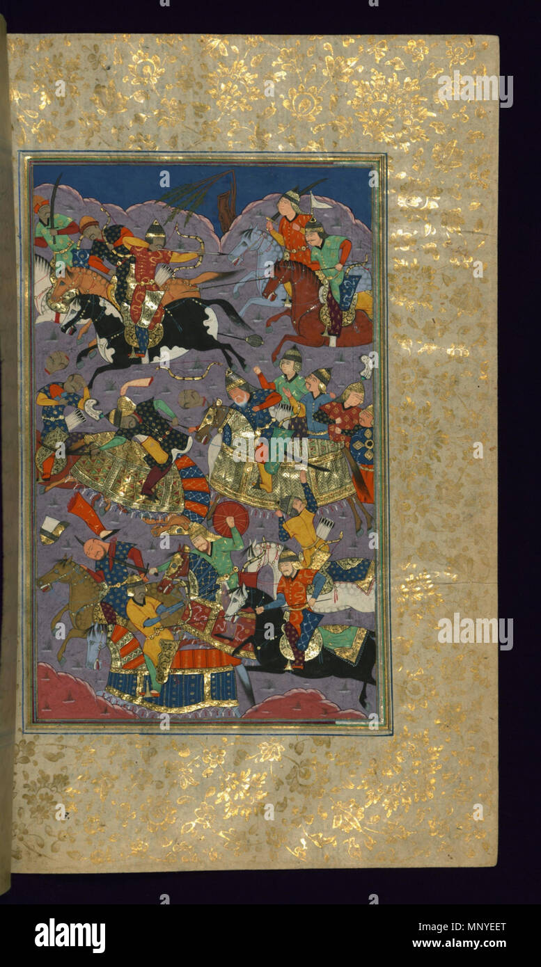 Yadkar al-Katib. 'Iskandar Fighting the Zanghis,' 934-935 AH/AD 1528-1529. ink and pigments on laid, non-European paper. Walters Art Museum (W.607.193B): Acquired by Henry Walters. W.607.193B 1277 Yadkar al-Katib - Alexander the Great Fighting the Ethiopians - Walters W607193B - Full Page Stock Photo