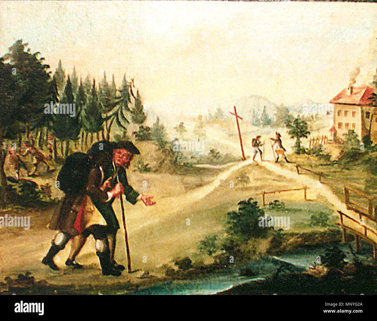 . English: Late 18th- century educational picture board from the school of Zlatá Koruna (near Český Krumlov). Pilgrims. 18th century. Anonymous 1284 Zlata Koruna Pilgrims Stock Photo