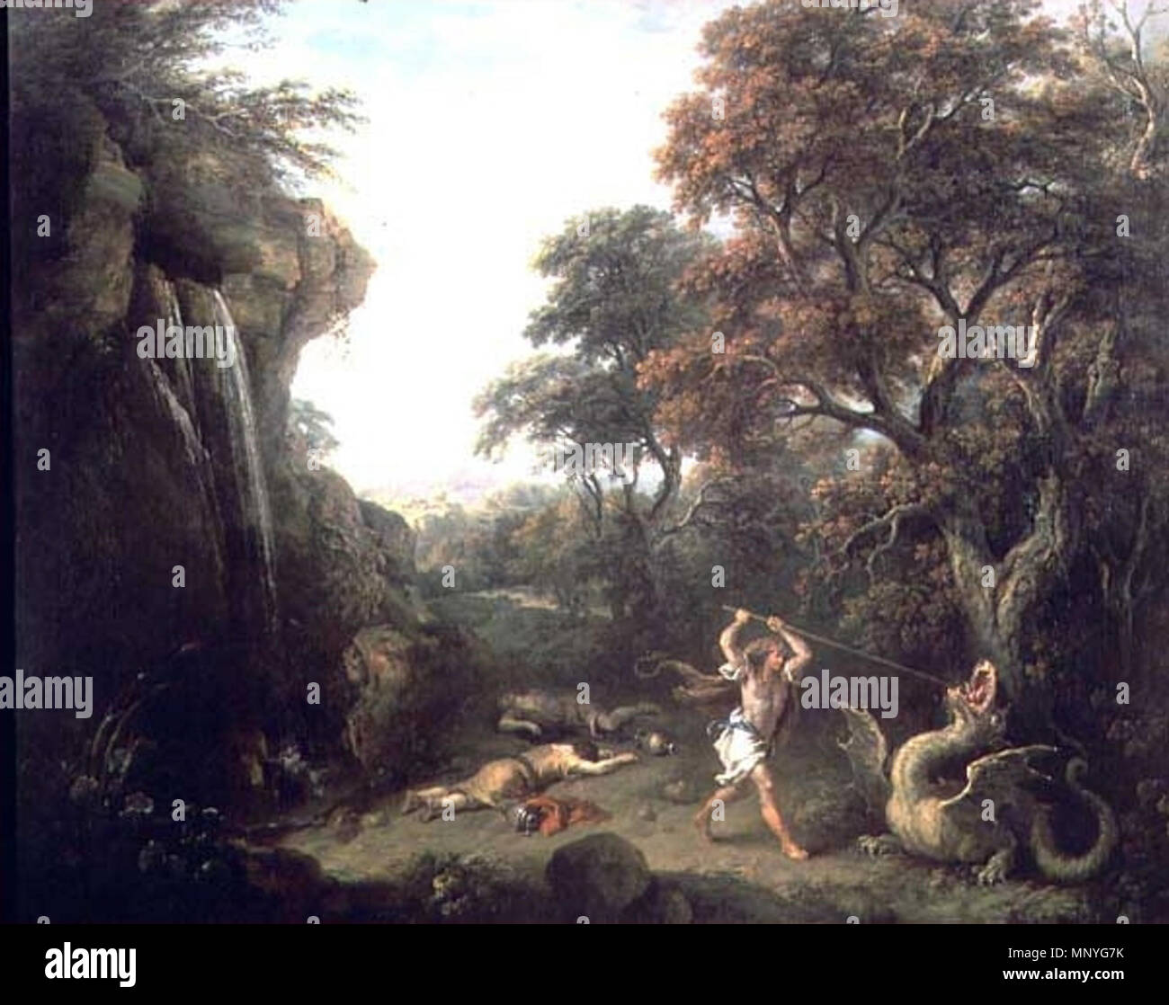 English: A Landscape with the Story of Cadmus Killing the Dragon.   unclear (undated), first exhibited in 1765.   1285 Zuccarelli, Francesco - A Landscape with the Story of Cadmus Killing the Dragon - 18th c Stock Photo