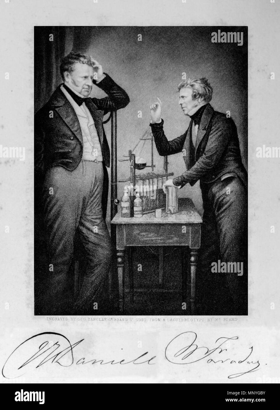 Portrait of Faraday and Daniell .  English: Portrait of Michael Faraday (22 September 1791 – 25 August 1867) John Frederic Daniell (12 March 1790 – 13 March 1845)  from Sketches of the Royal Society and Royal Society Club by Sir John Barrow, Bart., F.R.S. London : John Murray, 1849, facing page 85. Under the picture are signatures for Faraday and Daniell, then the note: 'ENGRAVED BY GEO. BARCLAY, GERRARD ST. SOHO. FROM A DAGUERROTYPE BY MR. BEARD.'  . circa 1840. Sir John Barrow, 1st Baronet, 1764-1848 1286 Faraday and Daniell 1849 RGNb10408769 f85 Stock Photo