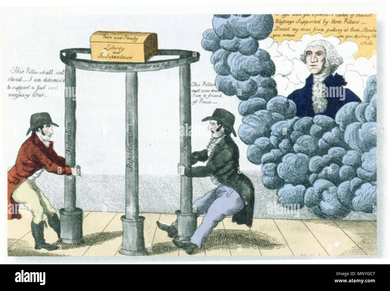 . Federalist poster about 1800. Washington (in heaven)[¿?] tells partisans to keep the pillars of Federalism, Republicanism and Democracy. Another source: A 1795 [¿? Washington died in 1799] cartoon depicting Washington warning party men to let all three pillars of Federalism, Republicanism, and Democracy stand to hold up Peace and Plenty, Liberty and Independence. At the left a Democrat says 'This Pillar shall not stand I am determin'd to support a just and necessary War” and at the right a Federalists claims, 'This Pillar must come down I am a friend of Peace'. circa 1800. Unknown 1287 part Stock Photo