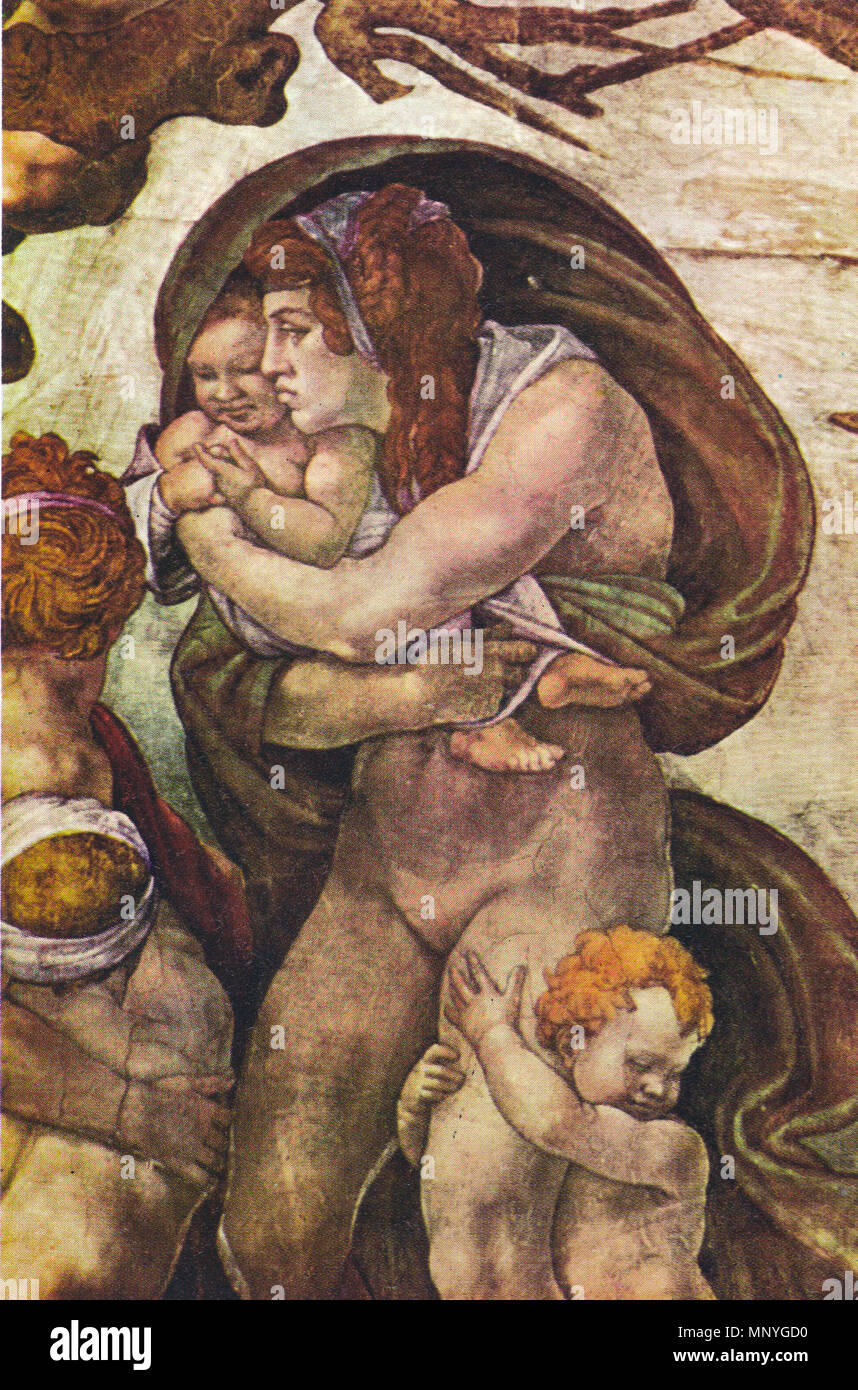 English: Deluge, detail. Deutsch: Die Sintflut, Detail (Mutter mit Kindern)   1508-1512 (more precise?).   888 Michelangelo - Sistine chapel - Deluge - Detail women with children Stock Photo