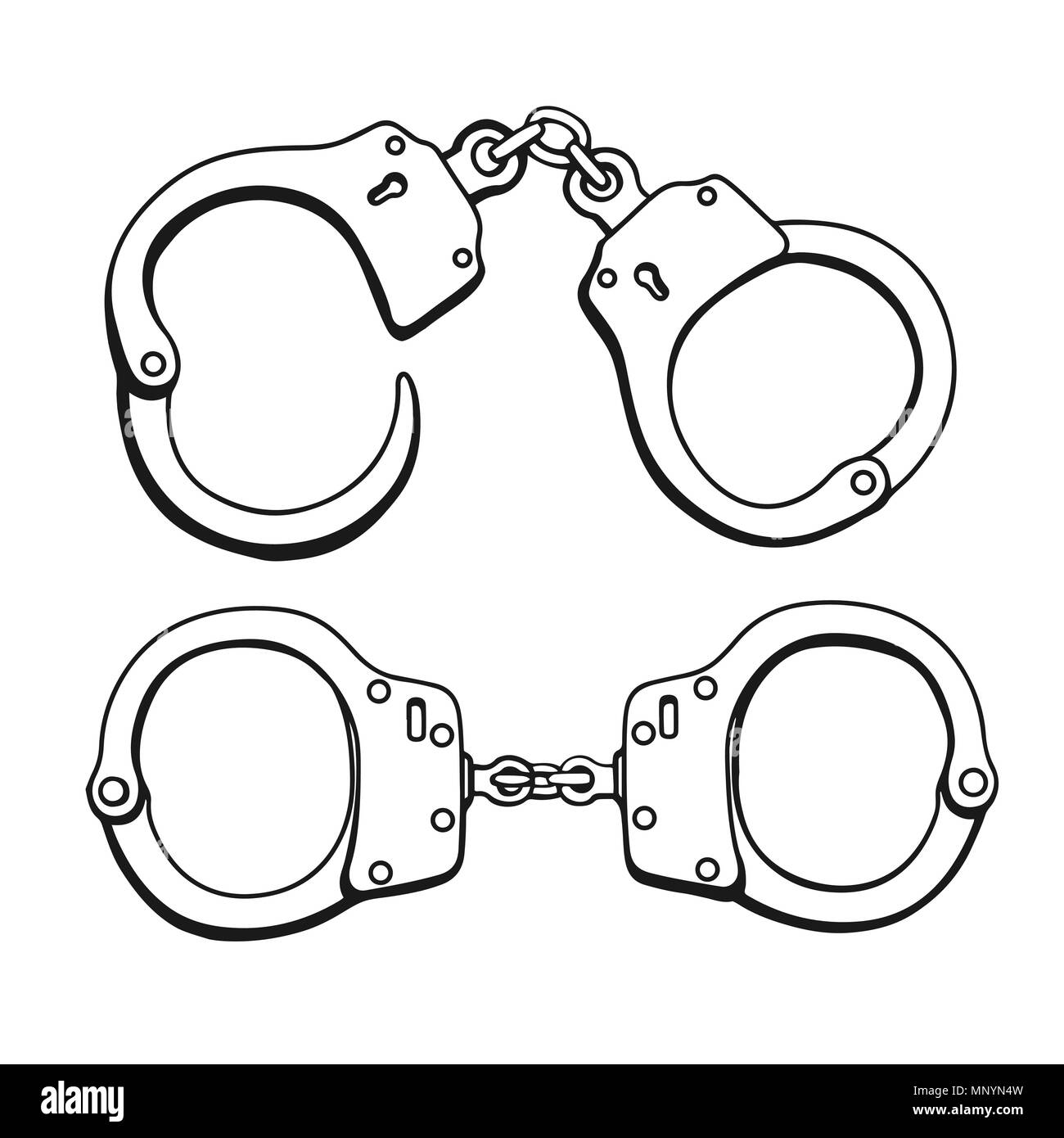 Set of Handcuffs. Hand drawn Engraving vintage vector black. Isolated