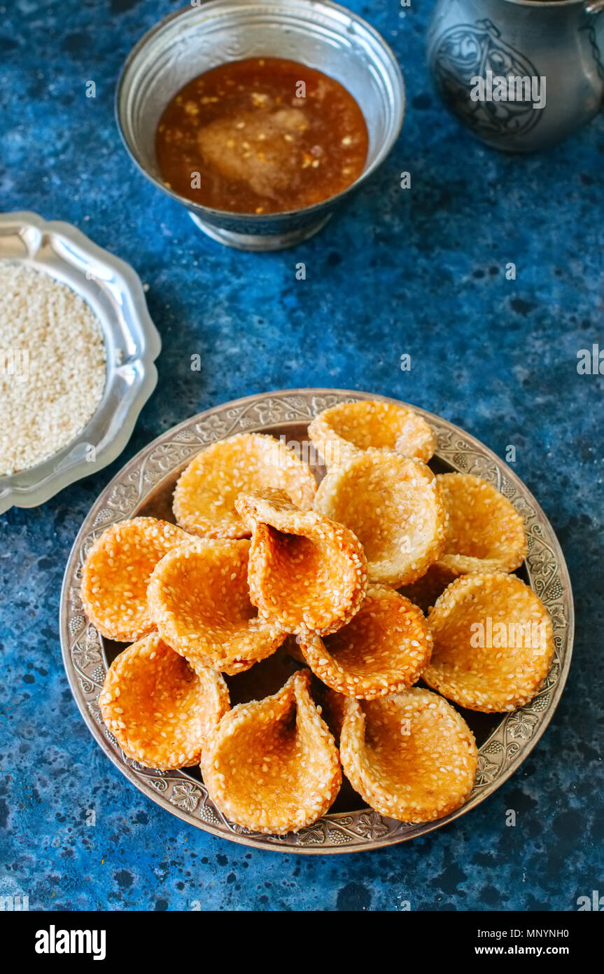 Honey and sesame babouches popular arabic dessert. Arabic and middle