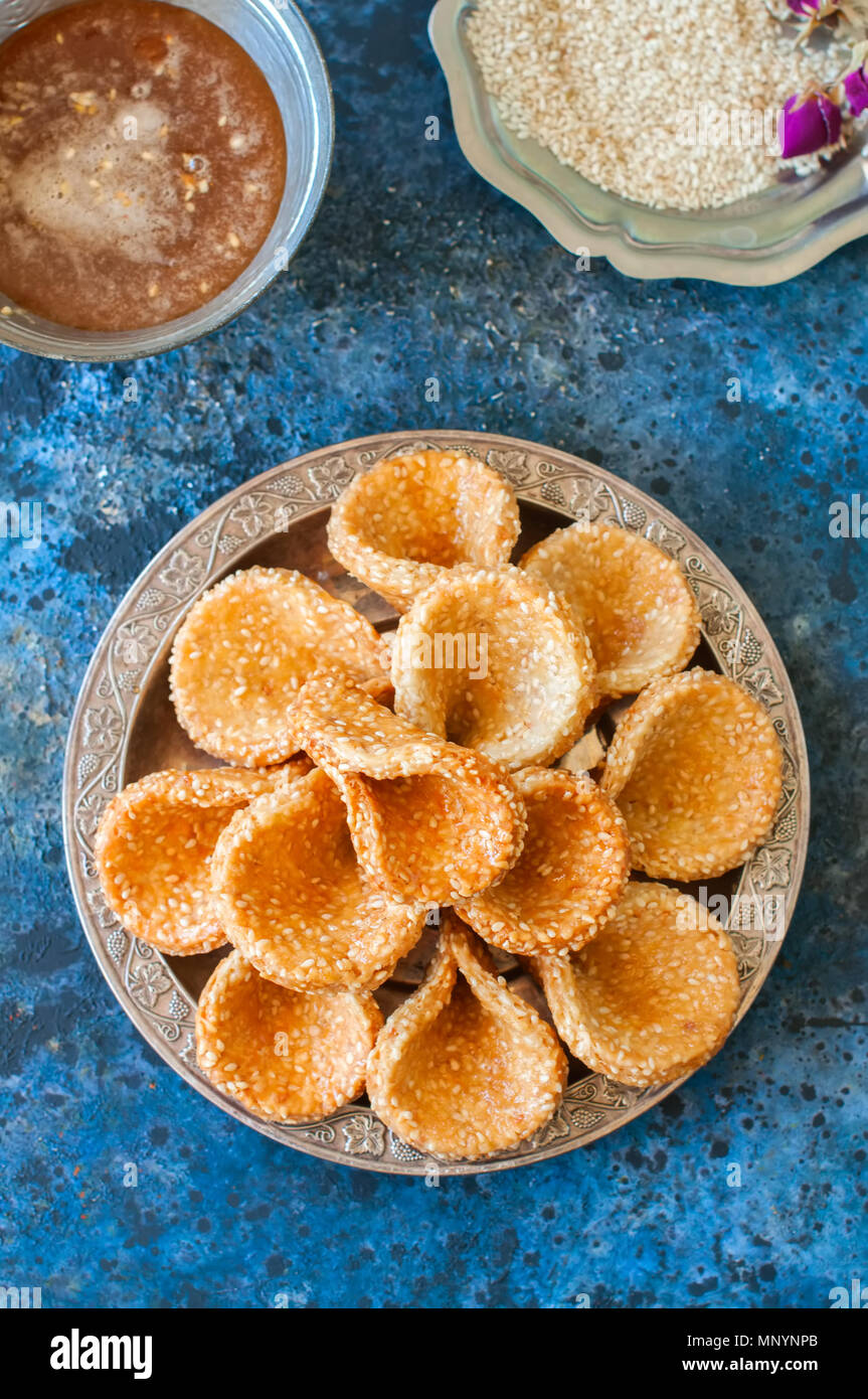Honey and sesame babouches popular arabic dessert. Arabic and middle