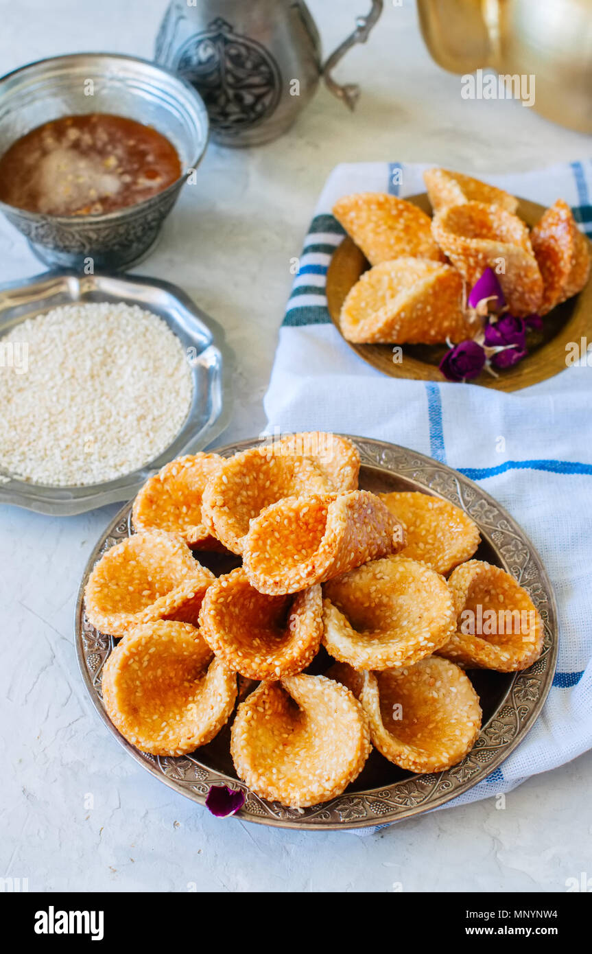 Honey and sesame babouches popular arabic dessert. Arabic and middle