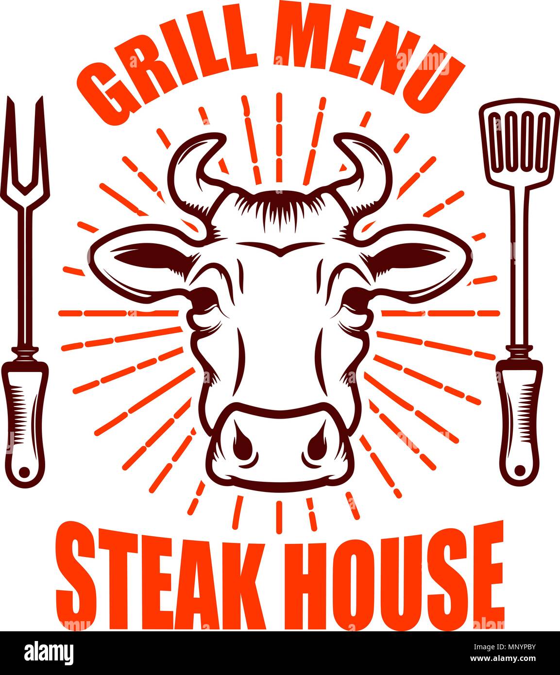 Steak house. Bull head  and crossed kitchen knives. Design element for logo, label, emblem. Vector illustration Stock Vector