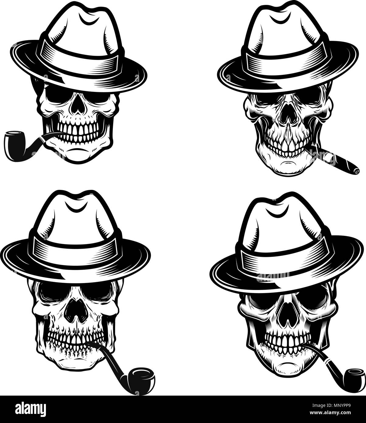 Set of skulls of smokers. Design elements for logo, label, emblem, sign, poster. Vector image Stock Vector