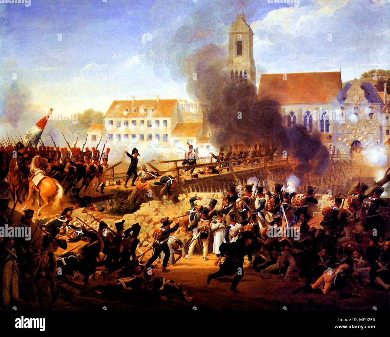 Passage Du Pont de Landshut.  English: Battle of Landshut, 21st April 1809. Here General Georges Mouton, a senior aide-de-camp of the Emperor Napoleon, takes command of the grenadier companies of the 17th line regiment and leads them across the bridge, which represents the French breakthrough during this battle. . 19th century.   823 Louis Hersent-Crossing the bridge at Landshut Stock Photo