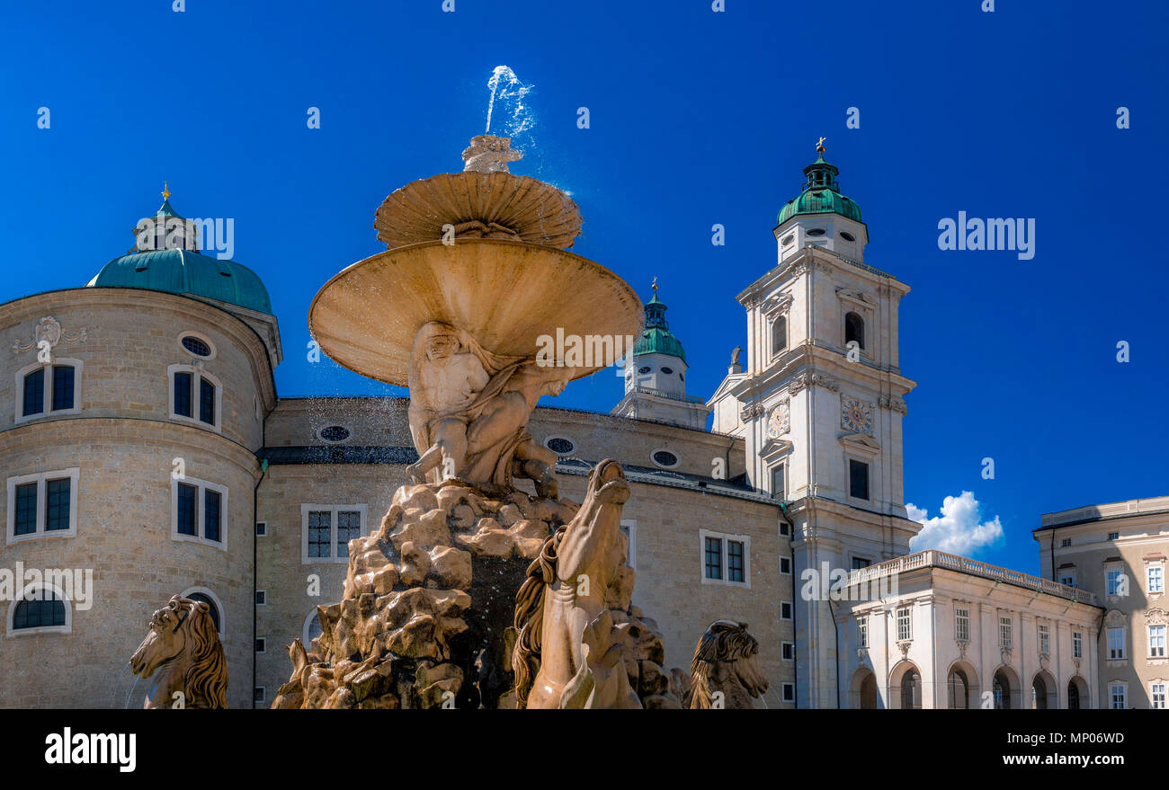 Salzburg Cathedral and Residence Fountain on Residence Square, Salzburg, Austria, Europe Stock Photo
