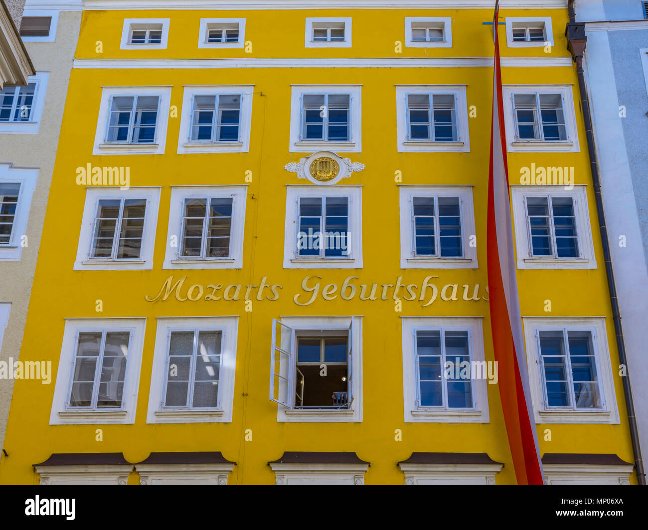 Mozart's birthplace in Getreidegasse street, Salzburg, Austria, Europe Stock Photo