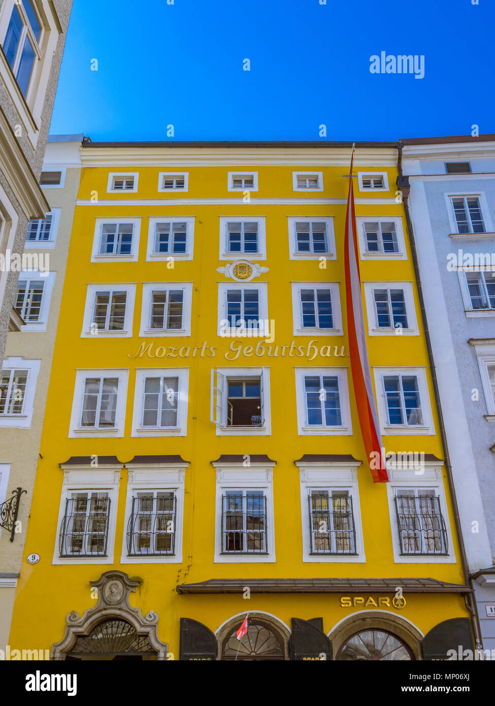 Mozart's birthplace in Getreidegasse street, Salzburg, Austria, Europe Stock Photo