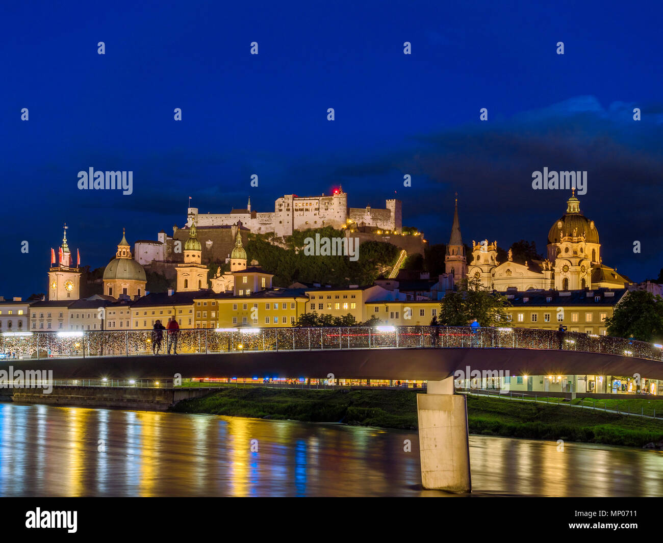 Panorama, historic town centre of Salzburg at night, Austria, Europe Stock Photo