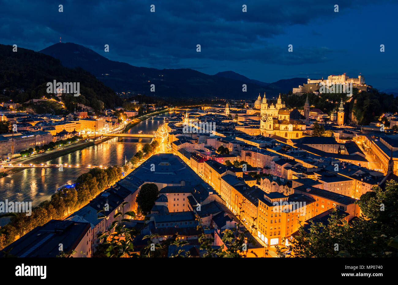Panorama, historic town centre of Salzburg at night, Austria, Europe Stock Photo