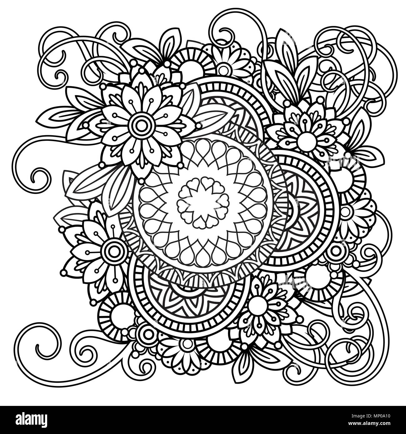 Adult coloring page with flowers pattern. Black and white doodle wreath ...