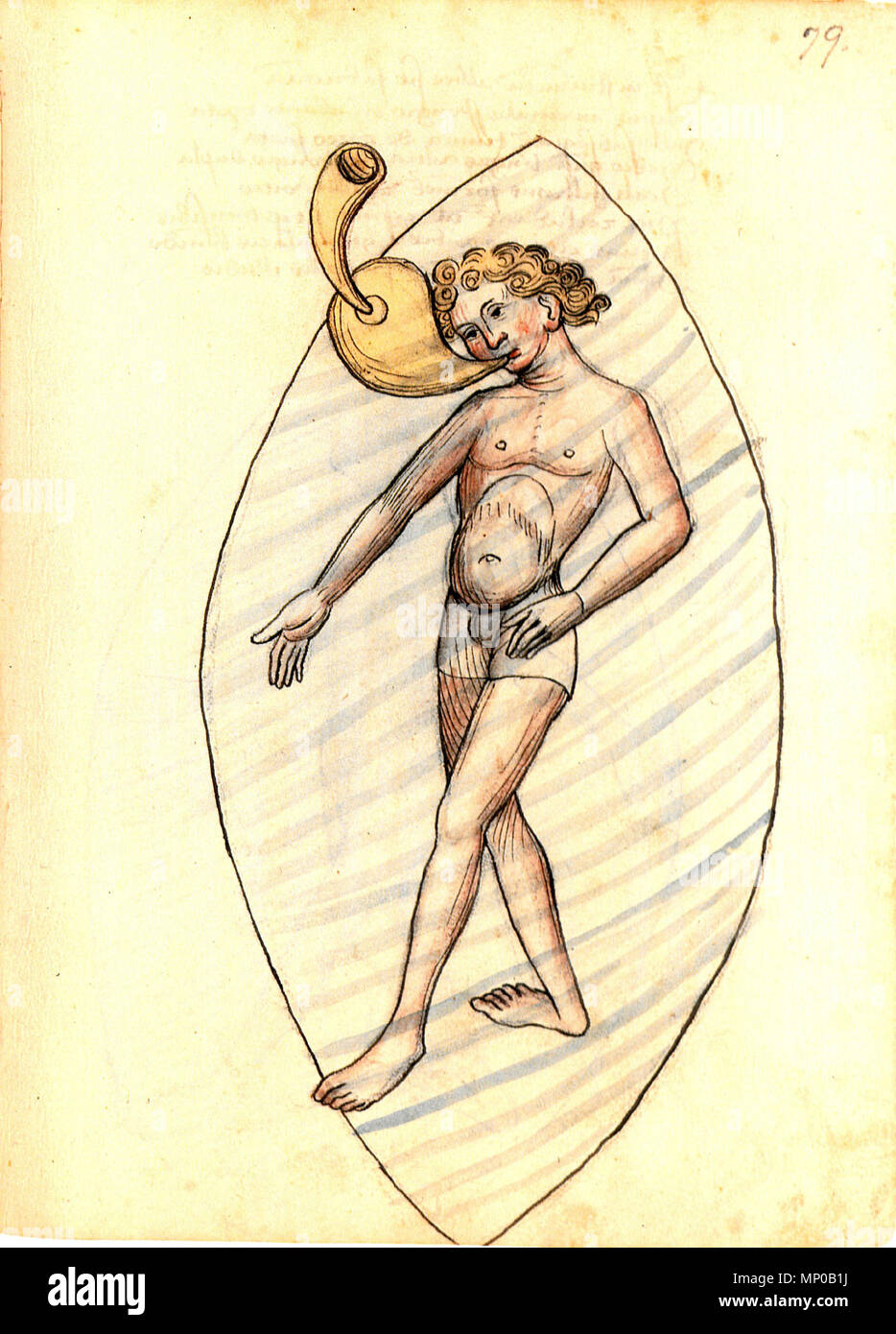 . Deutsch: Taucher mit Schnorchel English: Diver with snorkel . 15th century. Unknown illustrator 772 Konrad Kyeser, Bellifortis, Clm 30150, Tafel 14, Blatt 79r Stock Photo