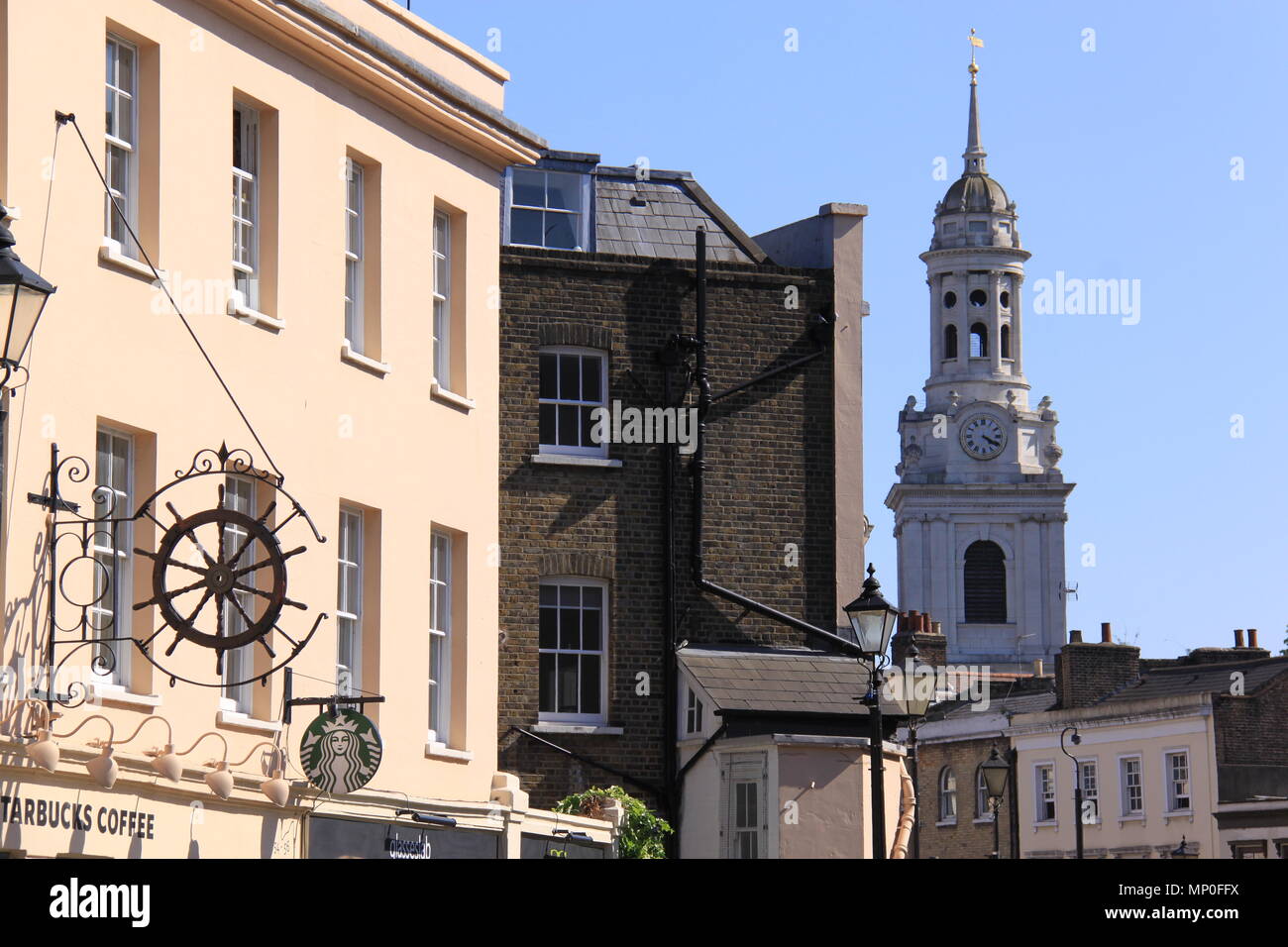 View from Cutty Sark, Church Street towards St Alfege Church, (burial place of British General James Wolfe), Greenwich, London, UK, PETER GRANT Stock Photo