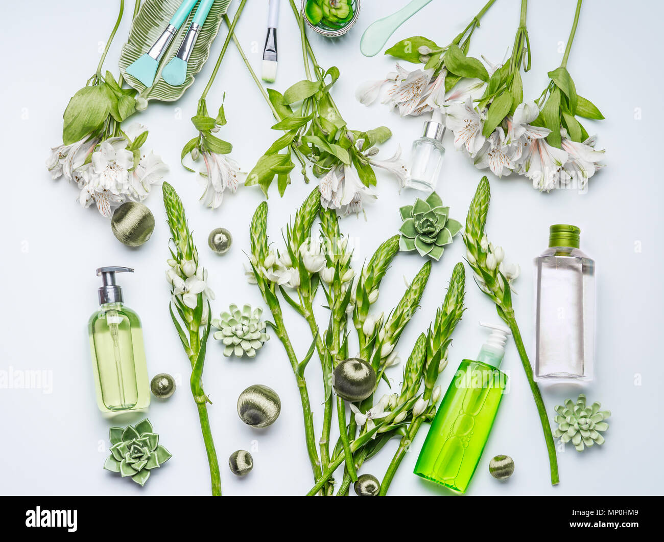 Green herbal natural cosmetic setting with bottles of facial toner, hydrophobic oil, cleansing foam, herbs and flowers on white background , top view, Stock Photo