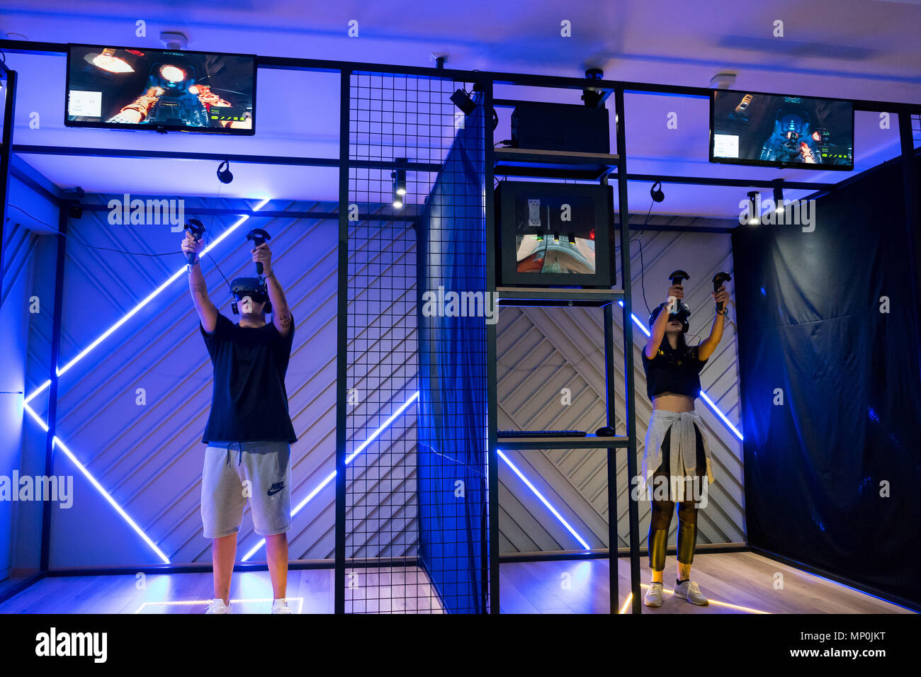 Thessaloniki, Greece, Moxx vr cafè, 09/27/2017 two people play a