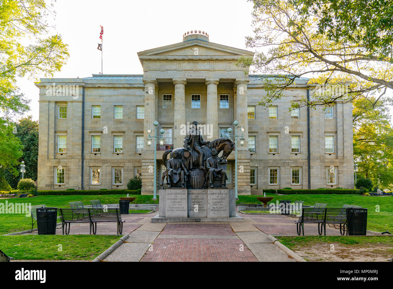 RALEIGH, NC - APRIL 17, 2018: Statue commemorating Presidents James Polk, Andrew Jackson and Andrew Johnson at the North Carolina Capitol Building in  Stock Photo