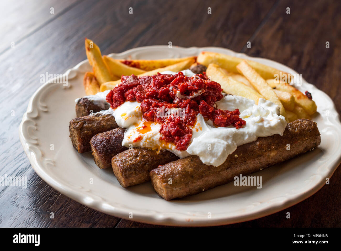 Balkan Cevapcici Kofta / Kofte Kebab with Yogurt, Tomato Sauce and