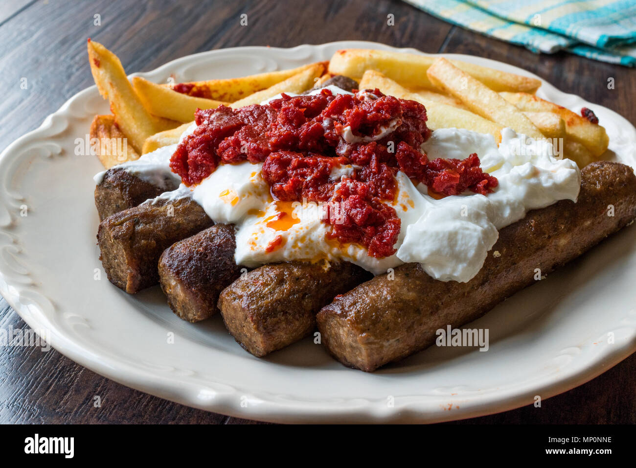 Balkan Cevapcici Kofta / Kofte Kebab with Yogurt, Tomato Sauce and
