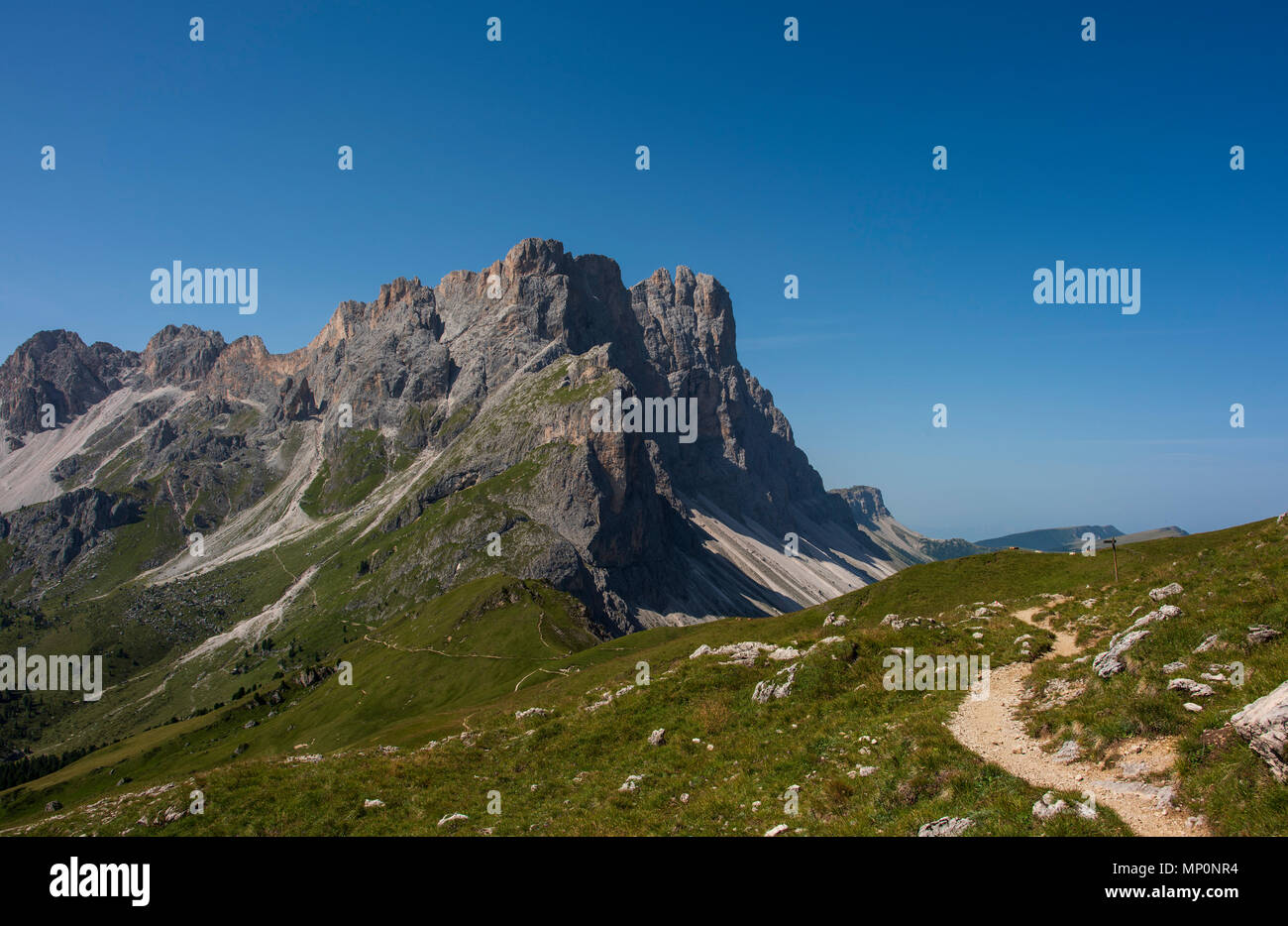 View of the Odle group of mountains, part of The Dolomites in Puez-Odle nature park, South Tyrol, Province of Bolzano, Italy. Stock Photo