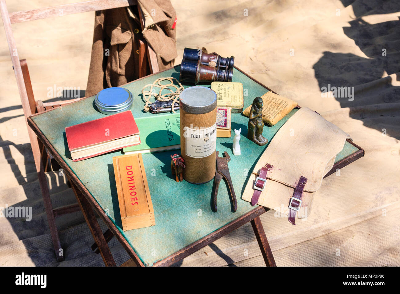 Popular Salute to the 40s at Sandwich. World war two western desert items, foot powder, dominoes, three nuns tabacco and others on table. Stock Photo
