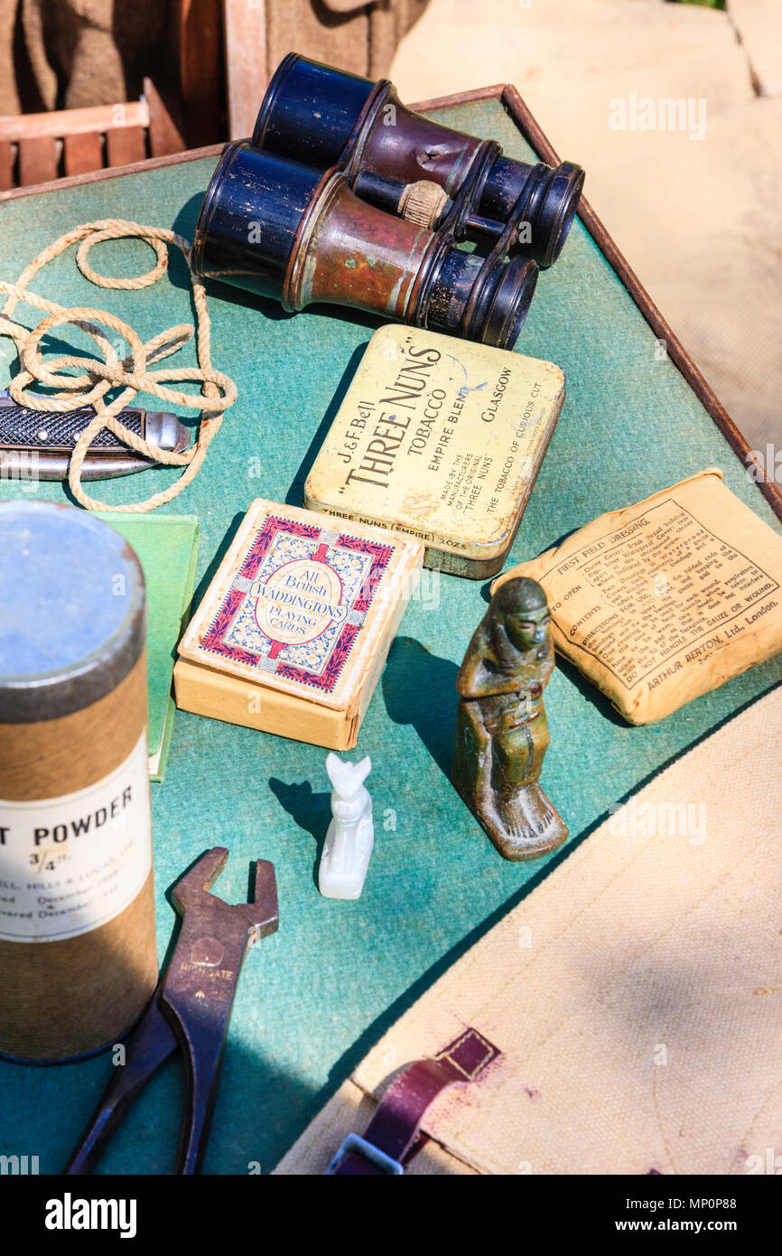 Popular Salute to the 40s at Sandwich. World war two western desert items, foot powder, dominoes, three nuns tabacco and others on table. Stock Photo