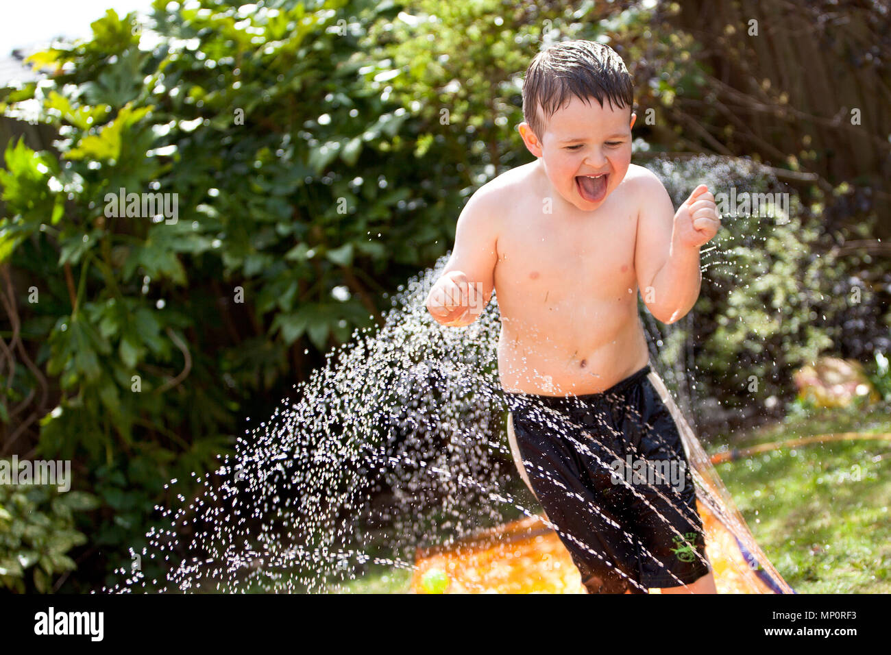 Young boy playing with water sprinklers in back garden Stock Photo