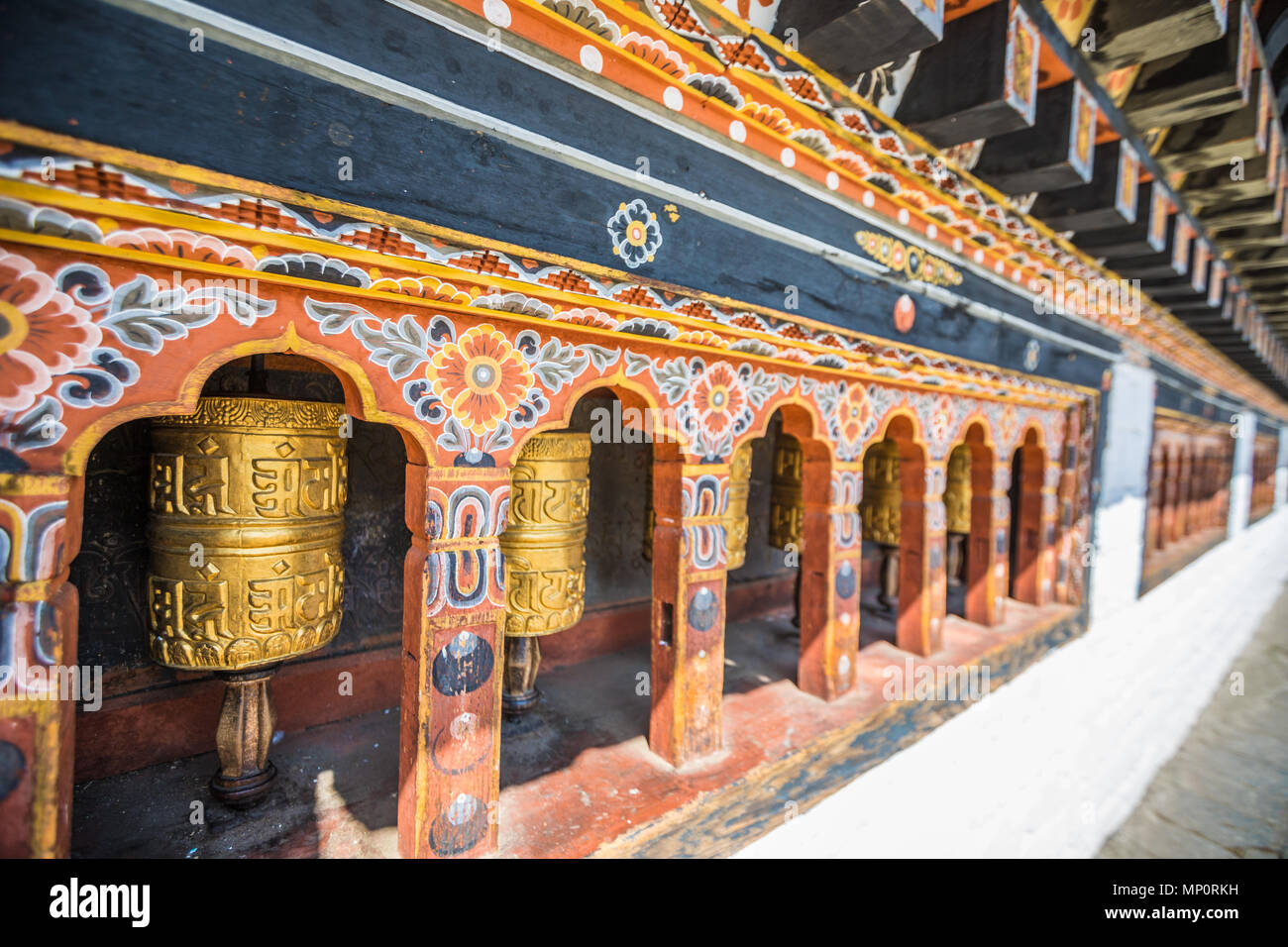 Prayer Wheels in Bhutan Stock Photo