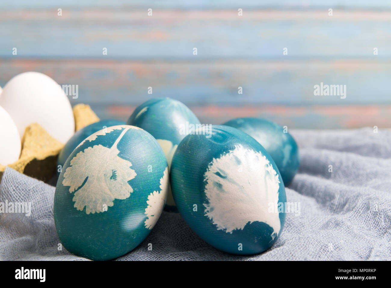 Happy easter, organic blue easter eggs, easter holiday decorations, easter concept backgrounds with copy space Stock Photo