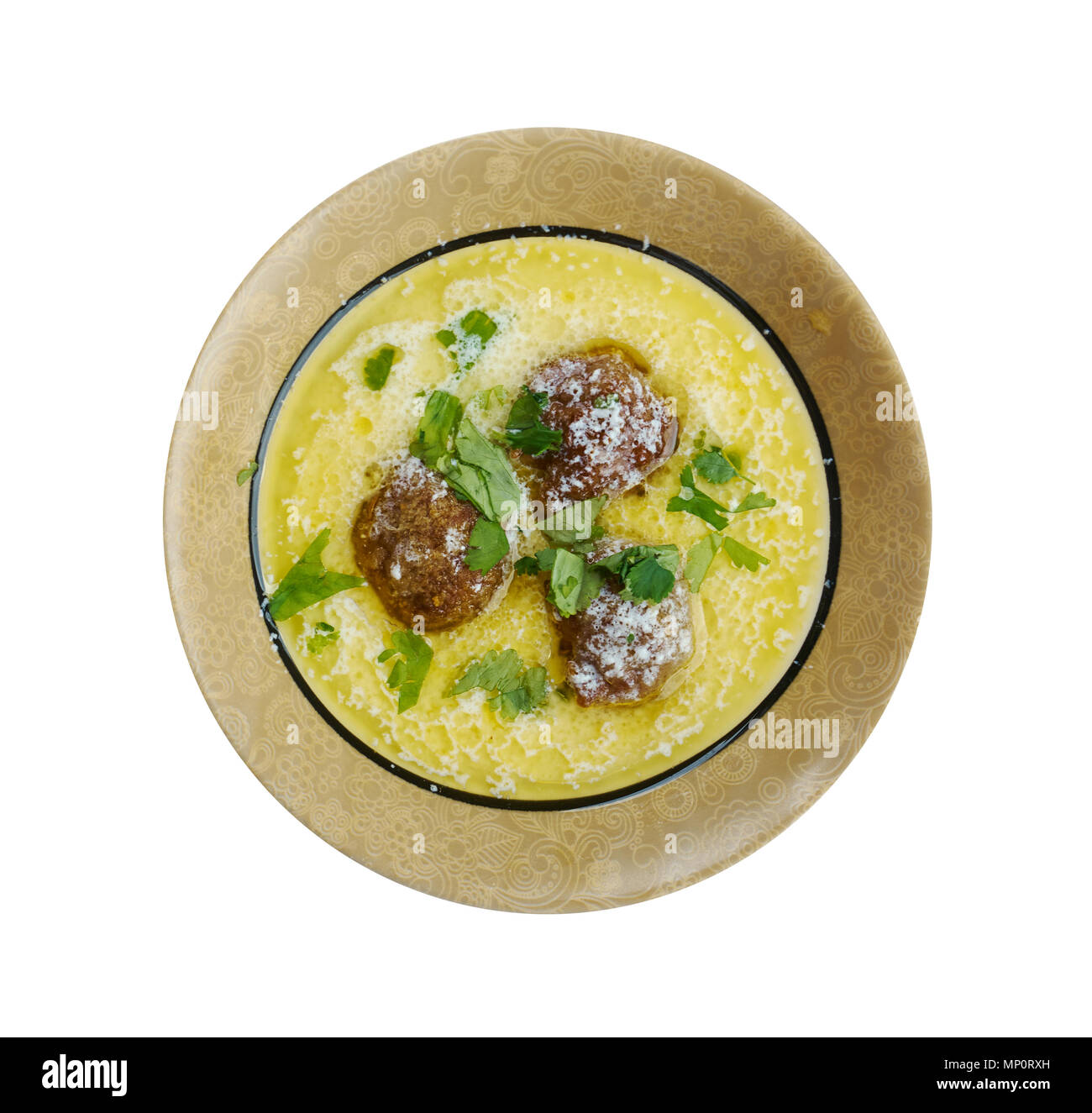 Traditional Greek Meatball Soup Giouvarlakia, close up Stock Photo