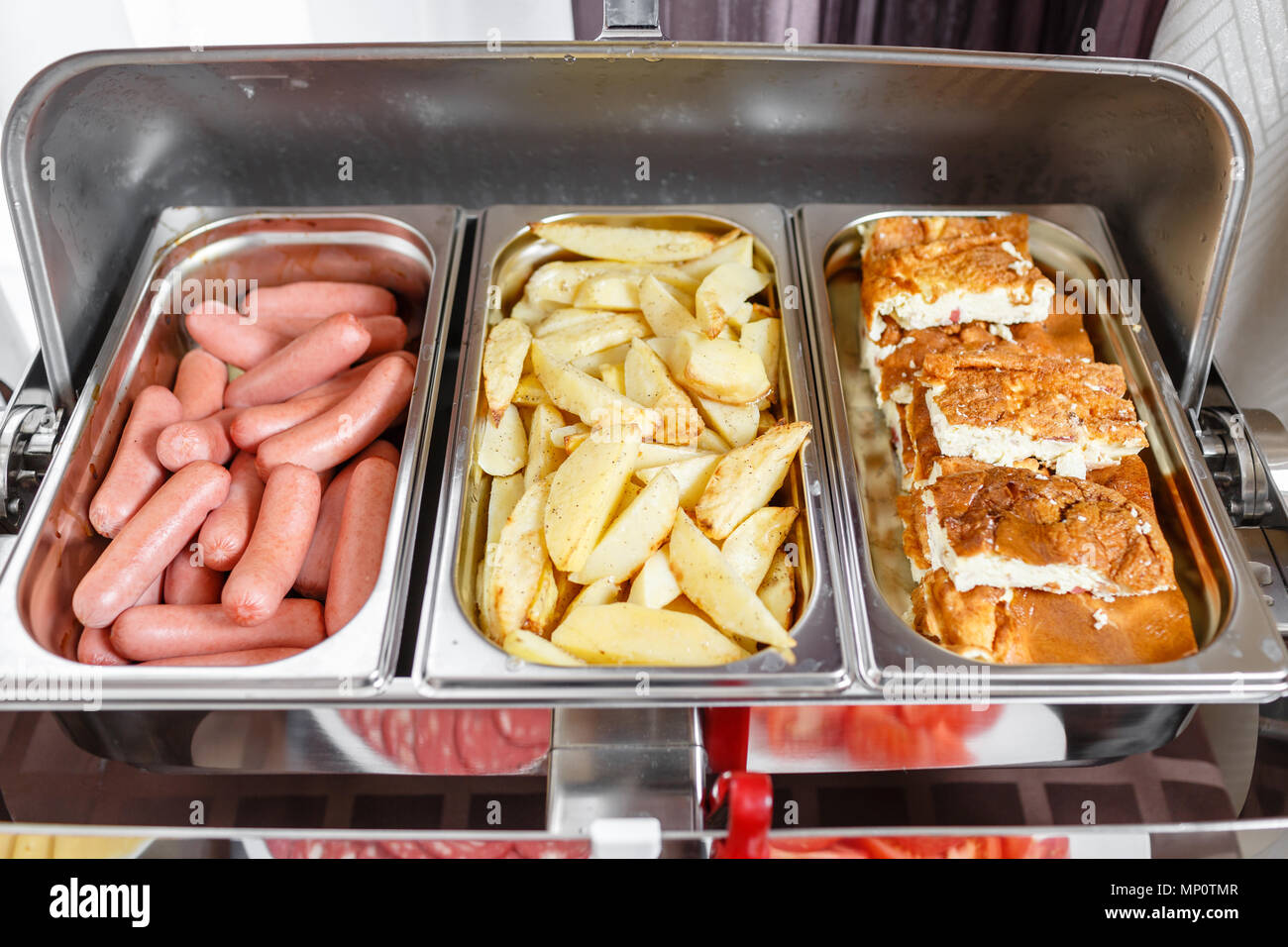Buffet trays heated ready for service. Breakfast in hotel