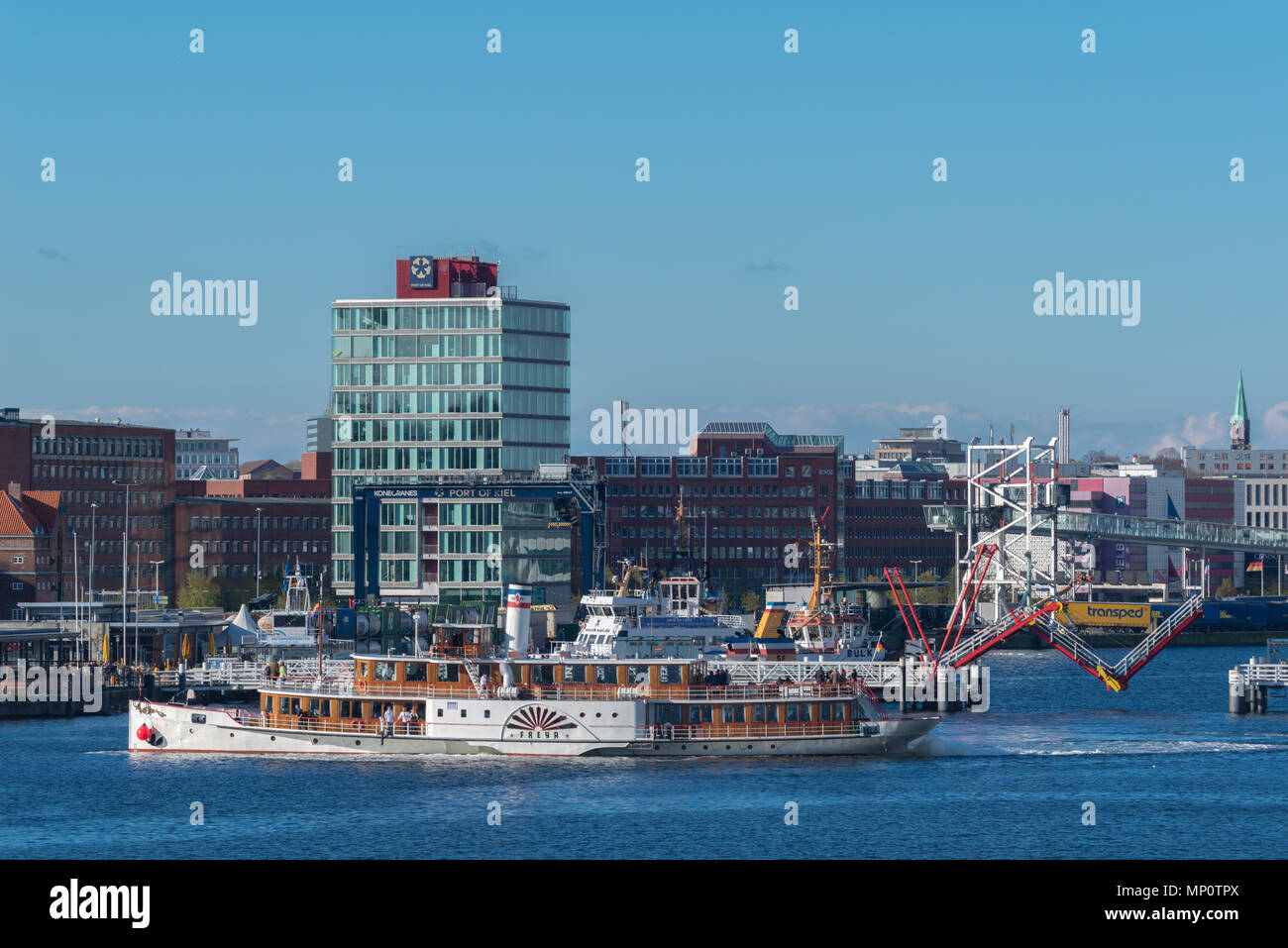 City view of Kiel with the end of the Kiel Fjord, the Hörn, and the flap bridge crossing the Hörn, Kiel, Schleswig-Holstein, Germany Stock Photo