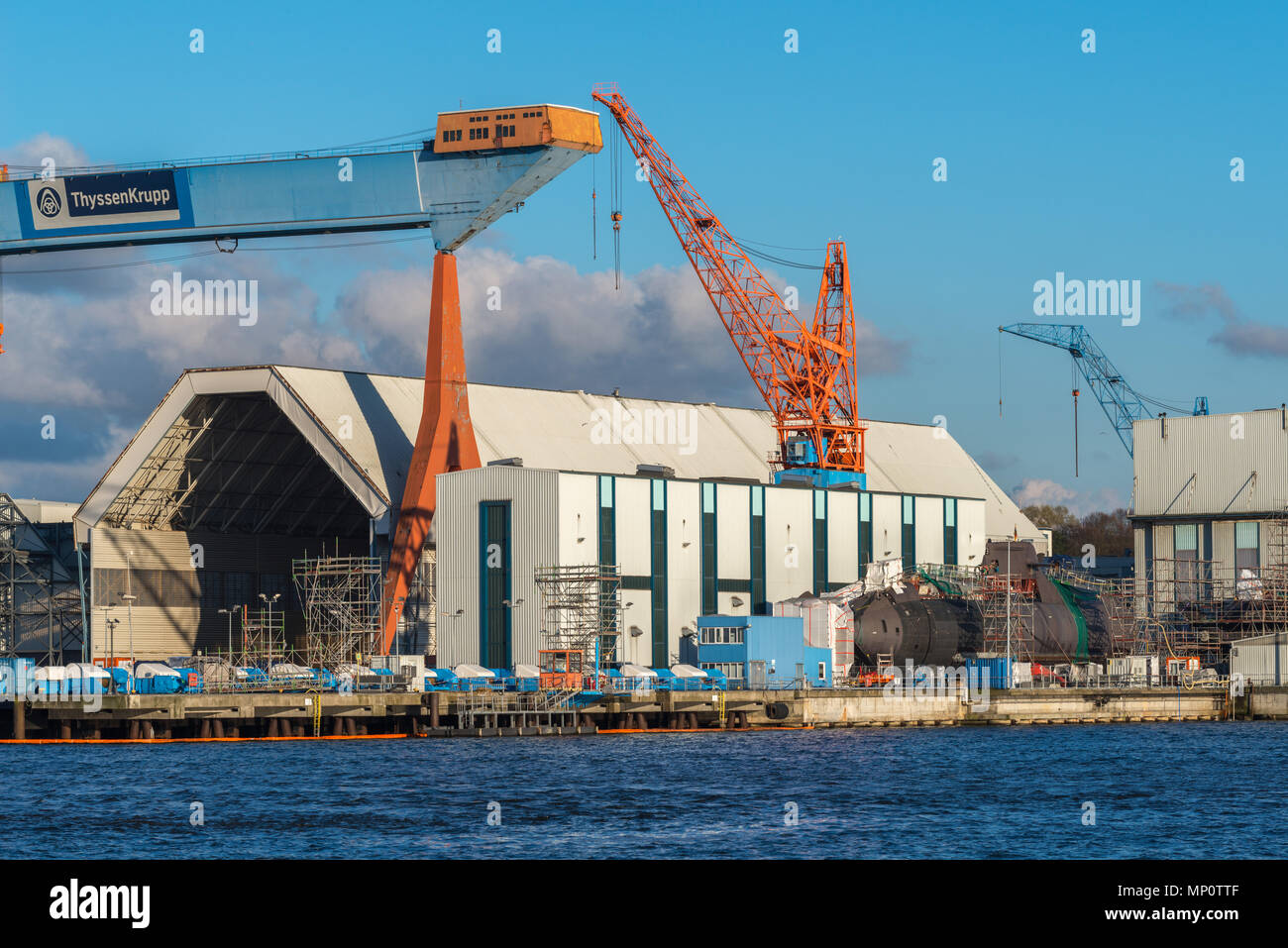 Thyssen-Krupp shipyard at the Kiel Fjord, a submarine under consruction, Baltic Sea, Kiel, Schleswig-Holstein, Germany, Europe Stock Photo