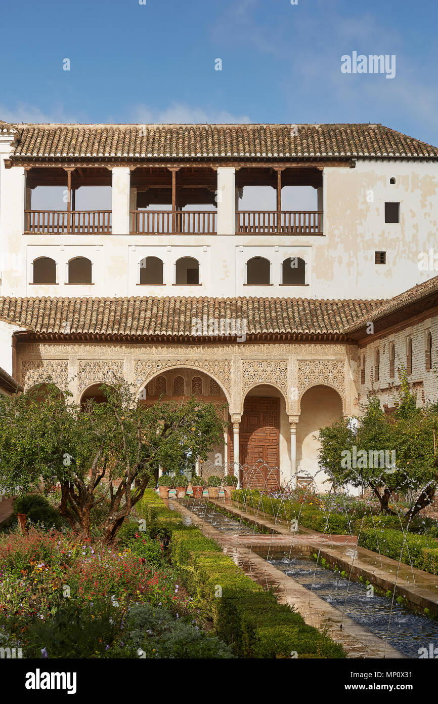 CARTAGENA, SPAIN - APRIL 11, 2017: View of the Patio de la Acequia in the Palacio del Generalife, part of the La Alhambra complex in Granada, Spain. Stock Photo