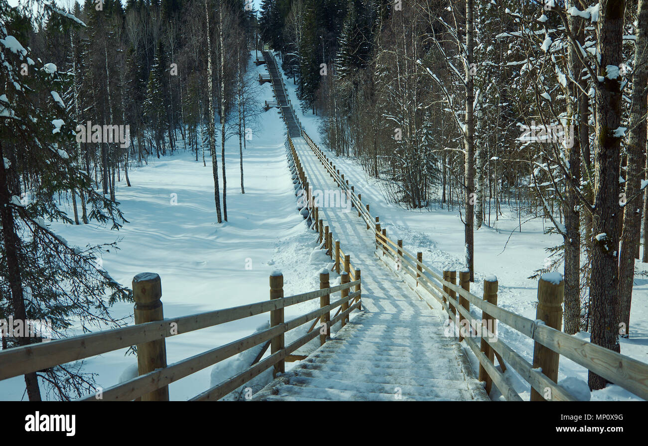 Russian Traditional wooden gangway , Malye Karely village, Arkhangelsk region, Russia Stock Photo