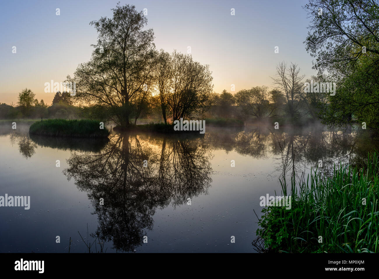 Summer sunrise at the lake. Nature reserve near Lockerbie. Scotland. Stock Photo