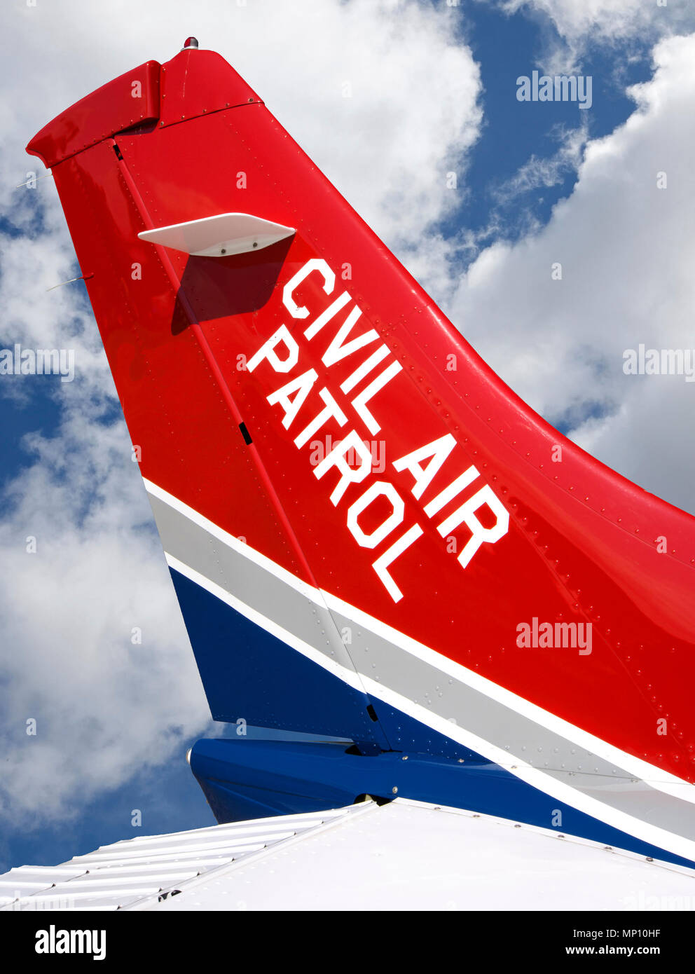 Civil Air Patrol aircraft tail against sky background. Stock Photo