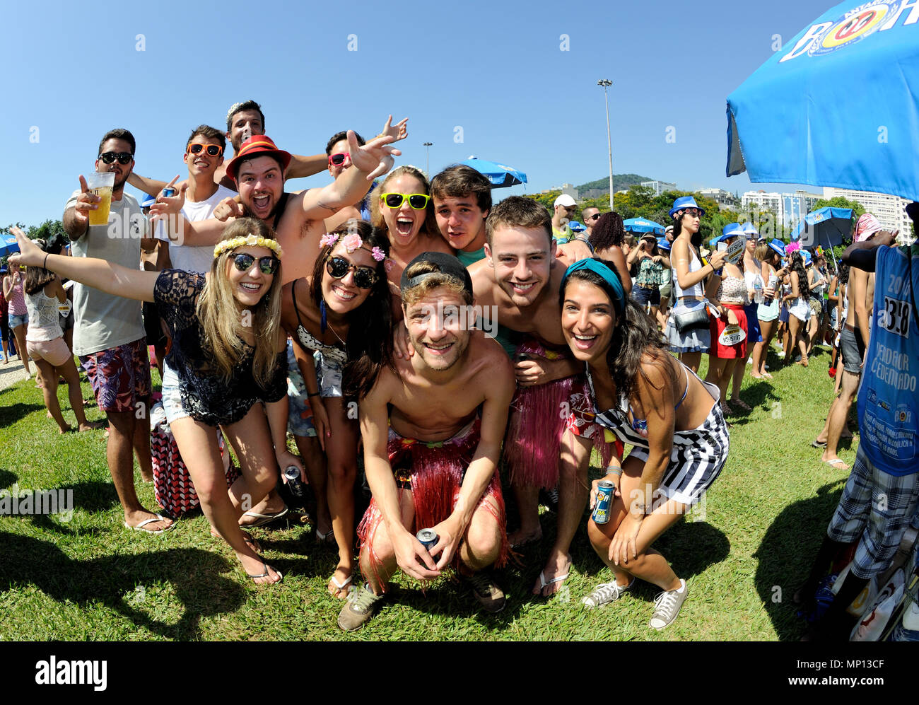 South America, Brazil - February 8, 2016: Friends having great fun during the Carnival in downtown Rio de Janeiro Stock Photo