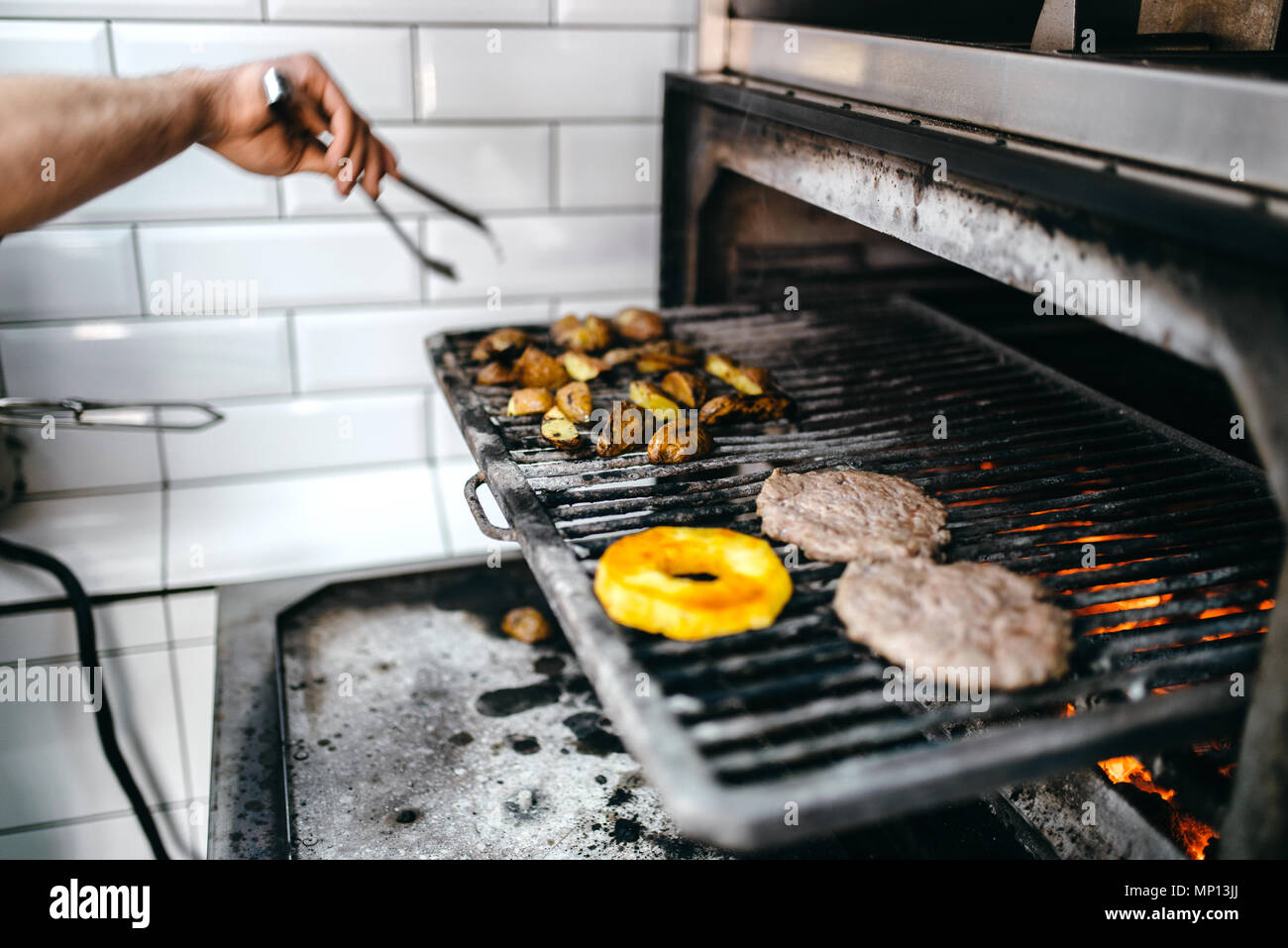 Cook Hands Prepares Smoky Meat On Grill Oven Burger Cooking Hamburger Preparation Process Fast Food Bbq Stock Photo Alamy