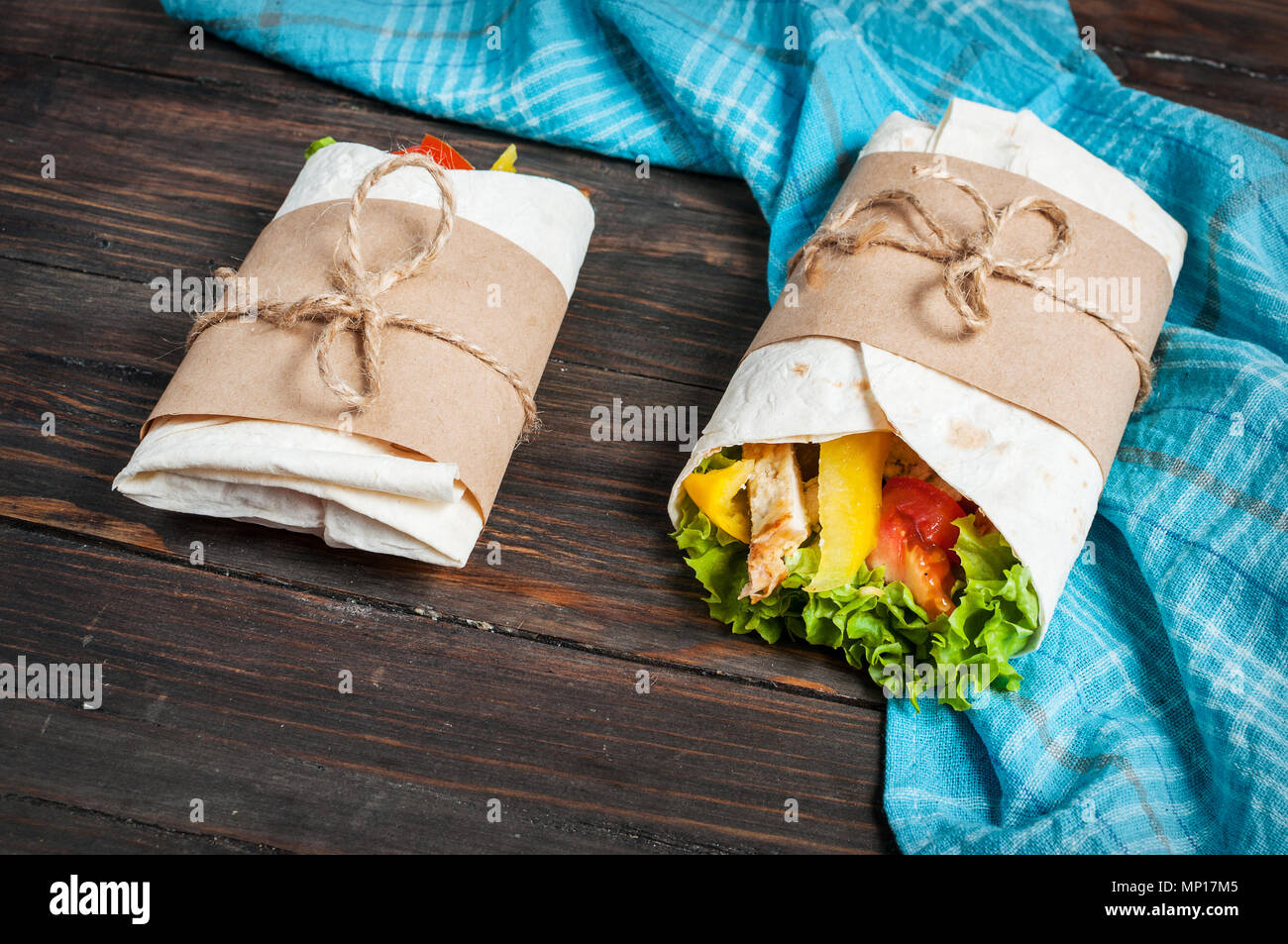 Burrito with grilled chicken and vegetables pita bread, shawarma