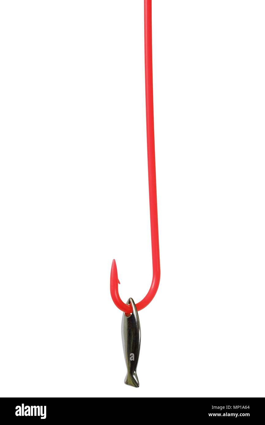 Macro of red fish hook isolated on white background Stock Photo